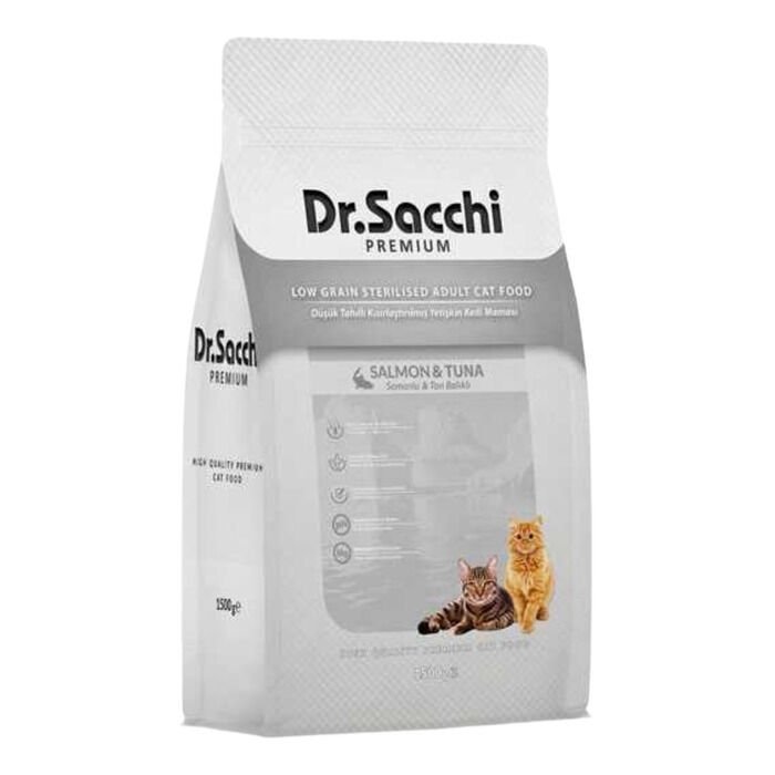Dr. Sacchi Premium Somonlu ve Ton Balıklı Düşük Tahıllı Kısırlaştırılmış Kedi Maması 1,5 kg